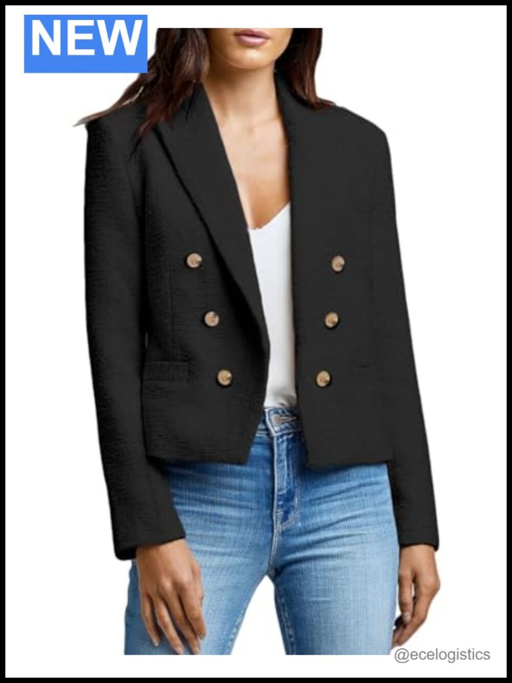 Women's Tweed Cropped Double Breasted Blazer Jacket Office Casual